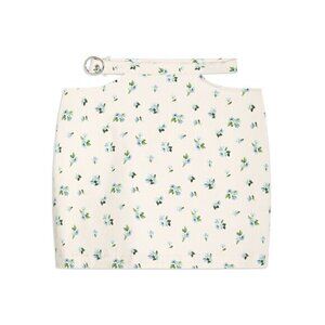 Cut Out Mini Skirt Ivory Multi Floral Belted Waist Side Cut-Outs WeWoreWhat M